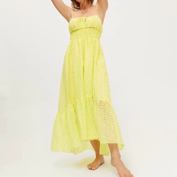 NWOT Urban Outfitters lemon yellow Reina semi-sheer floaty floral maxi dress - Picture 1 of 5
